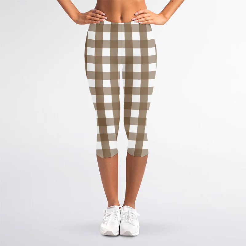 Brown And White Check Pattern Print Women's Capri Leggings Comfortable Wide-Band Leggings