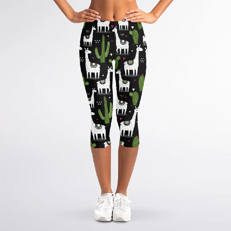 Cactus And Llama Pattern Print Women's Capri Leggings Chic Printed Yoga Pants