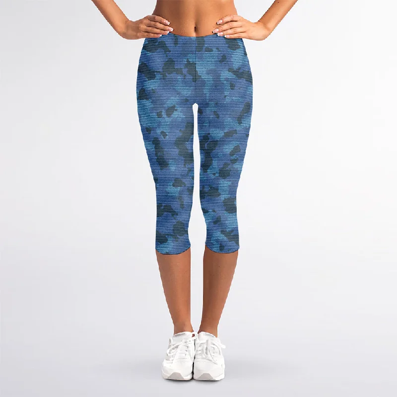 Camouflage Denim Jeans Pattern Print Women's Capri Leggings Trendy Side-Pocket Leggings