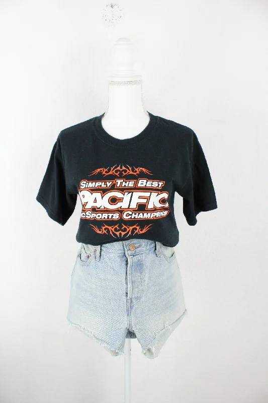 Vintage Black Gildan Pacific T-Shirt (S) Spandex Blend Rayon Blend Denim Blend