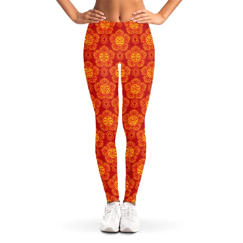 Chinese Prosperity Symbol Pattern Print Women's Leggings Elegant Metallic Leggings