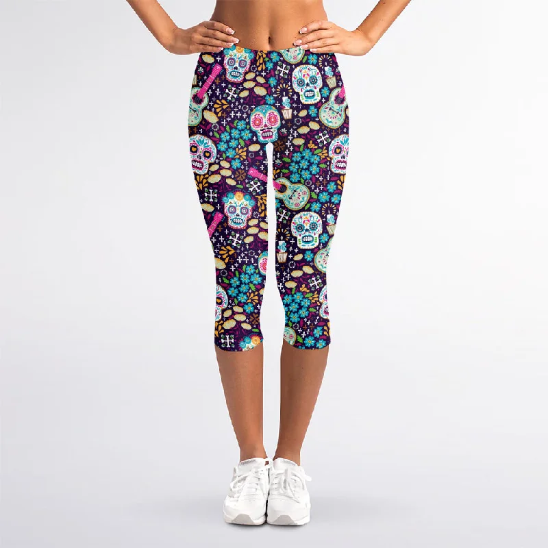 Calaveras Day Of The Dead Pattern Print Women's Capri Leggings Trendy Spandex Leggings