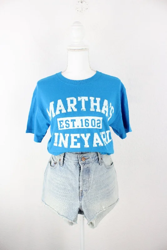 Vintage Gildan Blue Vineyard T-Shirt (S) Polka Dot Checkered Tartan