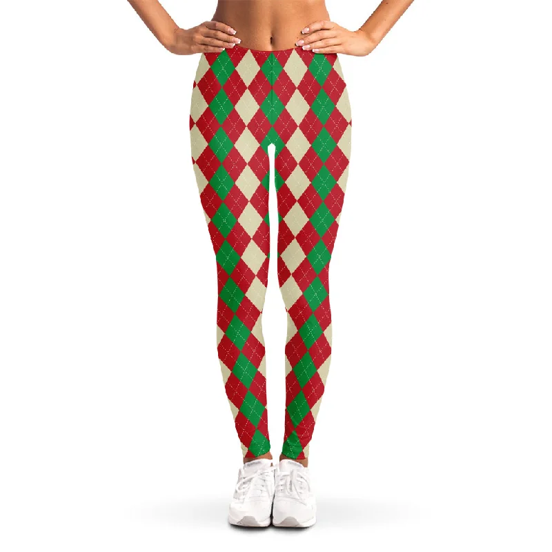 Christmas Themed Argyle Pattern Print Women's Leggings Fashionable Lacy Detail Leggings