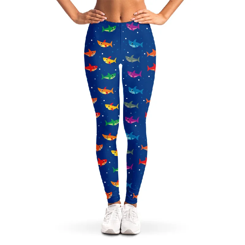 Colorful Baby Sharks Pattern Print Women's Leggings Casual Black Leggings