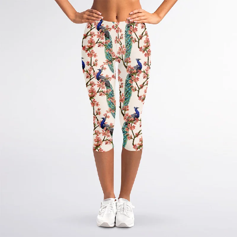 Cherry Blossom Peacock Print Women's Capri Leggings Fashionable Fitted Workout Leggings