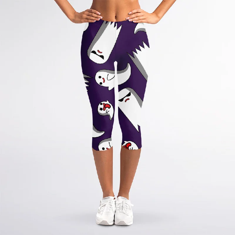 Cartoon Ghost Pattern Print Women's Capri Leggings Elegant Sheer Leggings