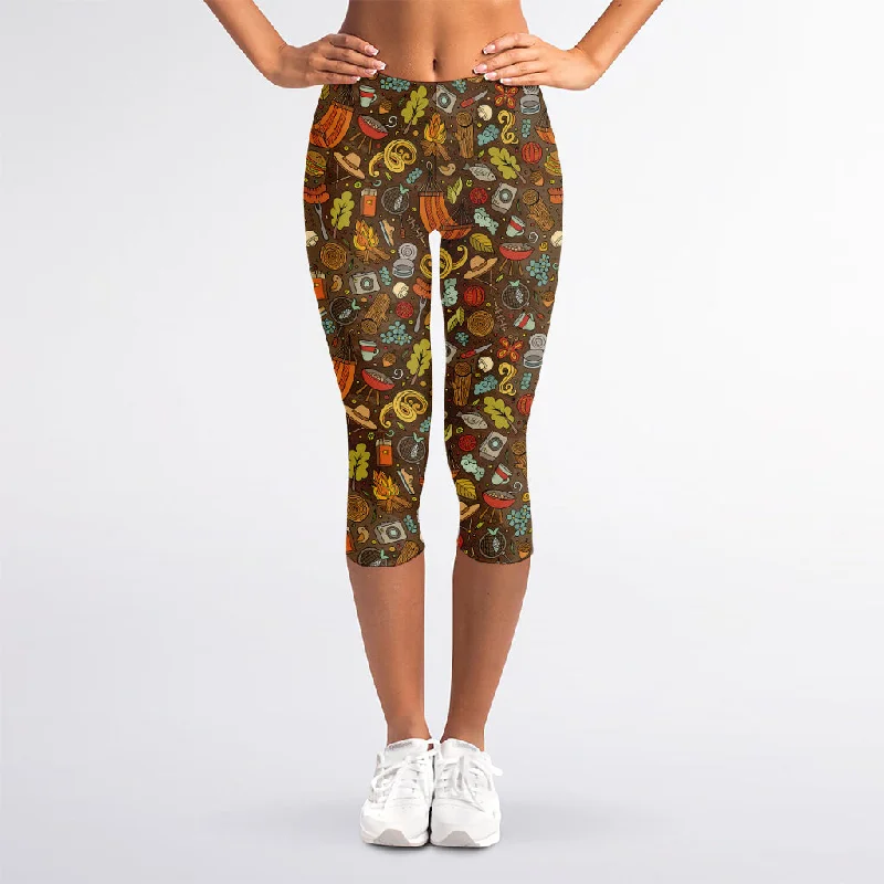 Cartoon Camping Pattern Print Women's Capri Leggings Trendy Sporty Compression Leggings Cartoon Camping Pattern Print Women's Capri Leggings Trendy Sporty Compression Leggings