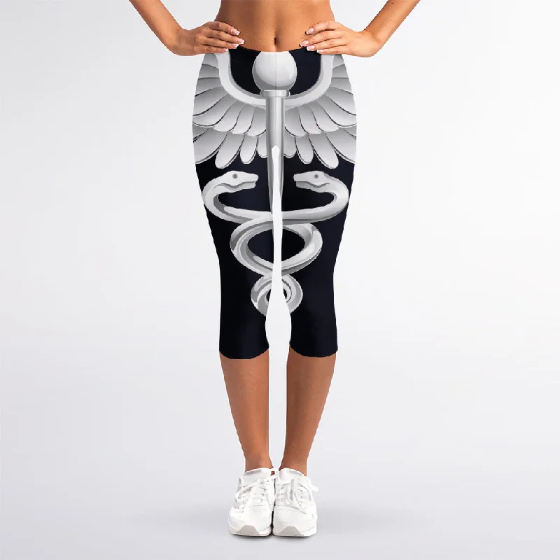 Caduceus Symbol Of Medicine Print Women's Capri Leggings Trendy High-Waist Tummy Control Leggings