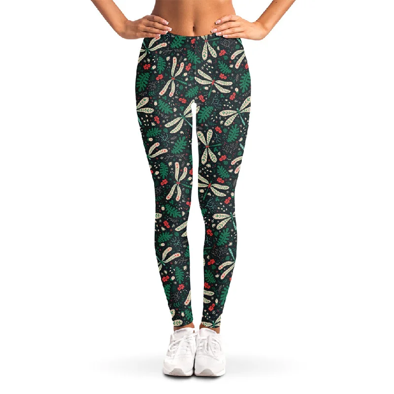 Christmas Floral Dragonfly Pattern Print Women's Leggings Trendy High-Compression Leggings
