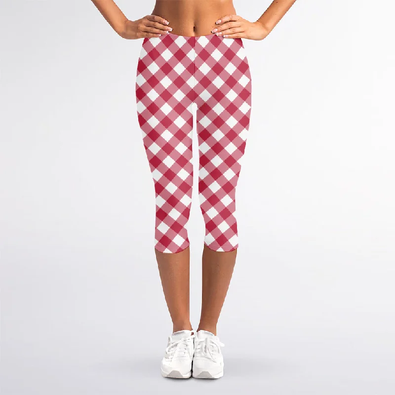 Cardinal Red And White Gingham Print Women's Capri Leggings Stylish Ultra Stretch Leggings Cardinal Red And White Gingham Print Women's Capri Leggings Stylish Ultra Stretch Leggings