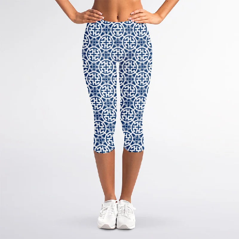 Chinese Luck Symbol Pattern Print Women's Capri Leggings Trendy Cold Weather Tights
