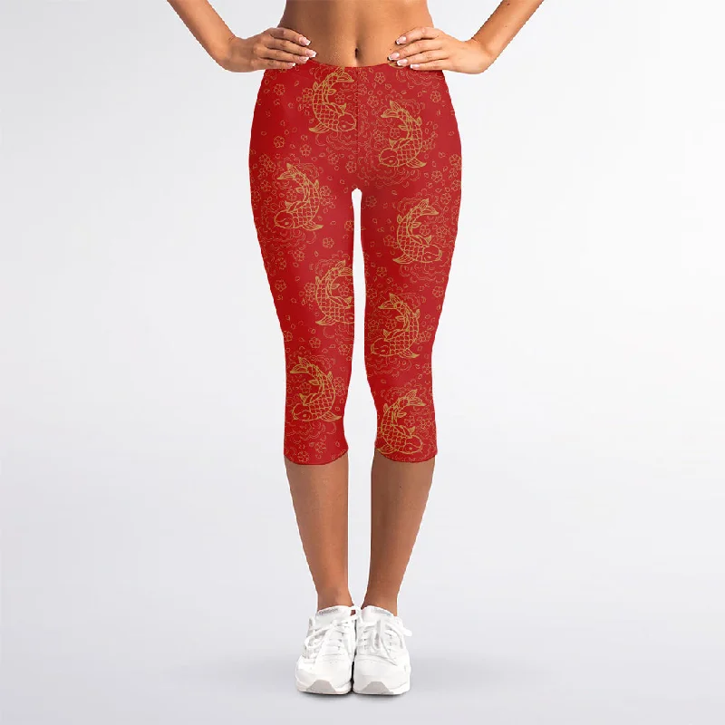 Chinese Koi Fish Pattern Print Women's Capri Leggings Stylish Stretch Print Leggings