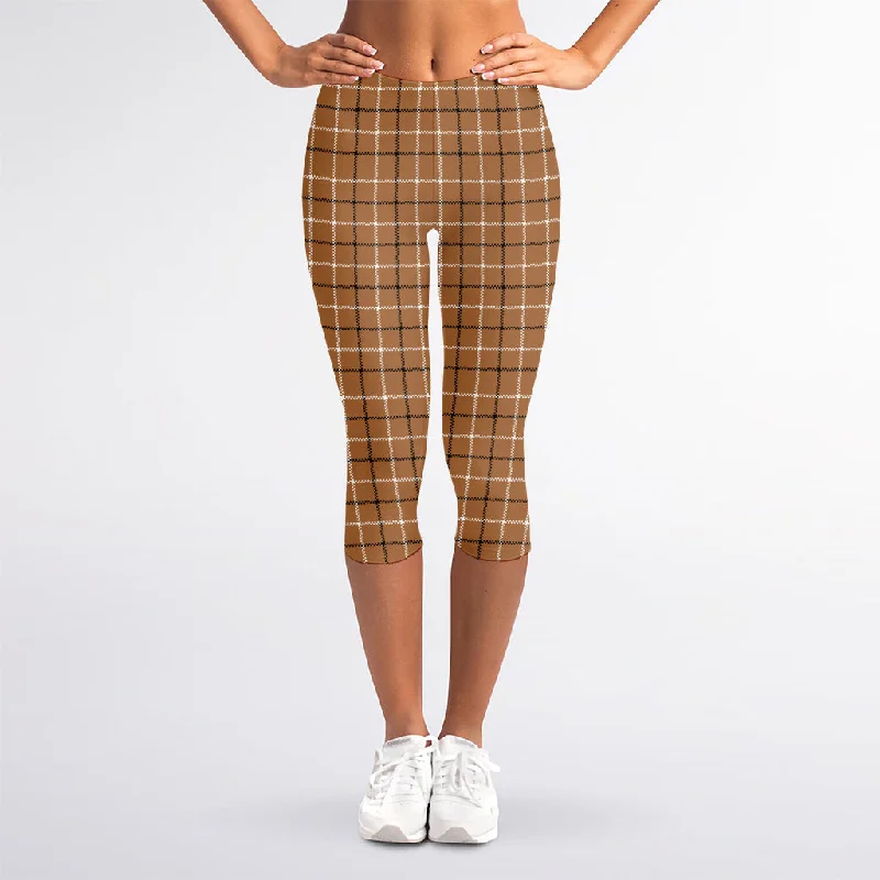 Brown Tattersall Pattern Print Women's Capri Leggings Trendy Leather-Look Workout Leggings