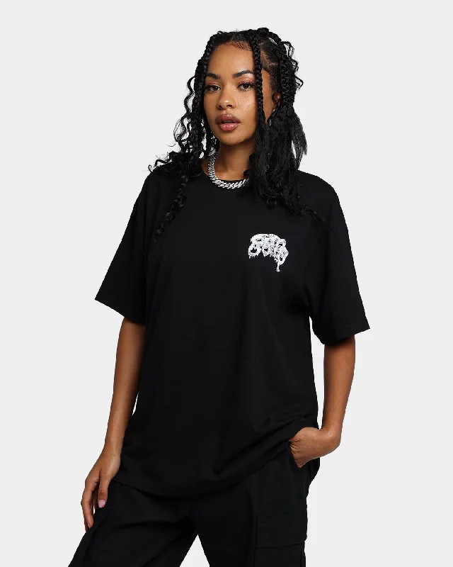 Rats Get Fat Rats Logo T-Shirt Black Notch Collar Peter Pan Collar Cowl Neck