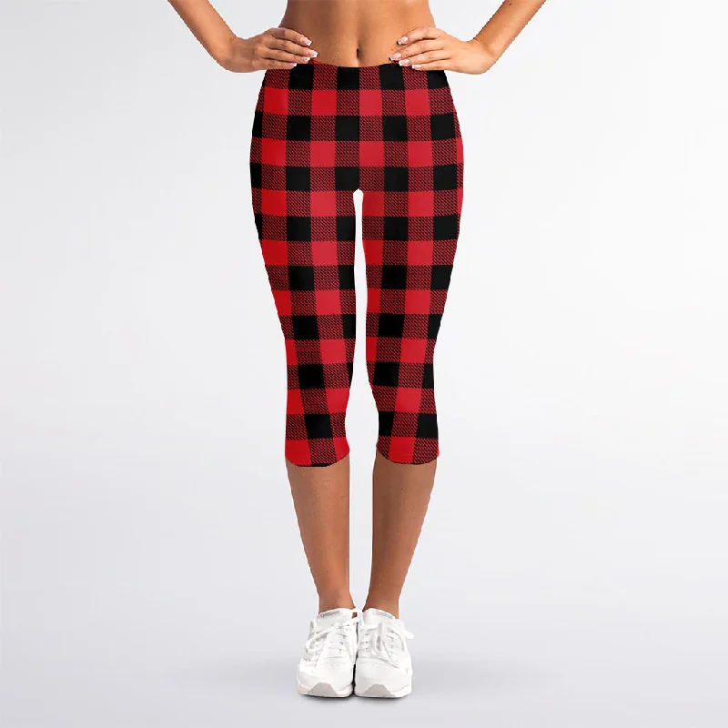 Cardinal Red Buffalo Check Pattern Print Women's Capri Leggings Stylish Side-Stripe Leggings Cardinal Red Buffalo Check Pattern Print Women's Capri Leggings Stylish Side-Stripe Leggings
