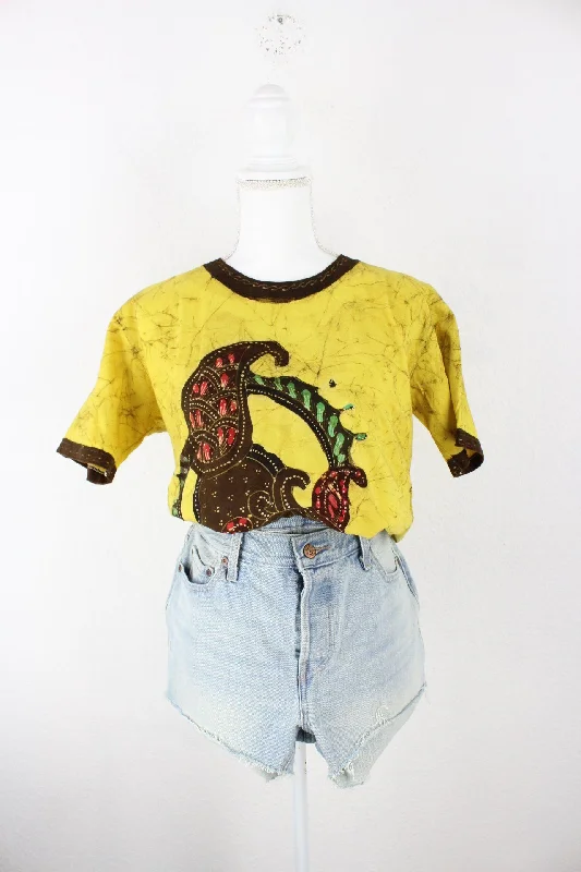 Vintage Yellow Oriental T-Shirt (M) Print Jacquard Patchwork