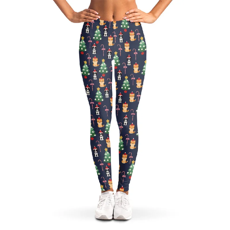 Christmas Boston Terrier And Corgi Print Women's Leggings Elegant Black Leggings