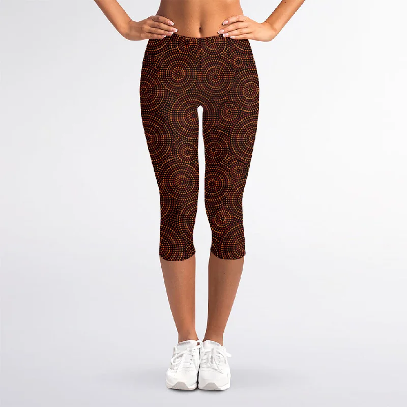 Brown Aboriginal Dot Pattern Print Women's Capri Leggings Comfortable Workout Fitness Leggings