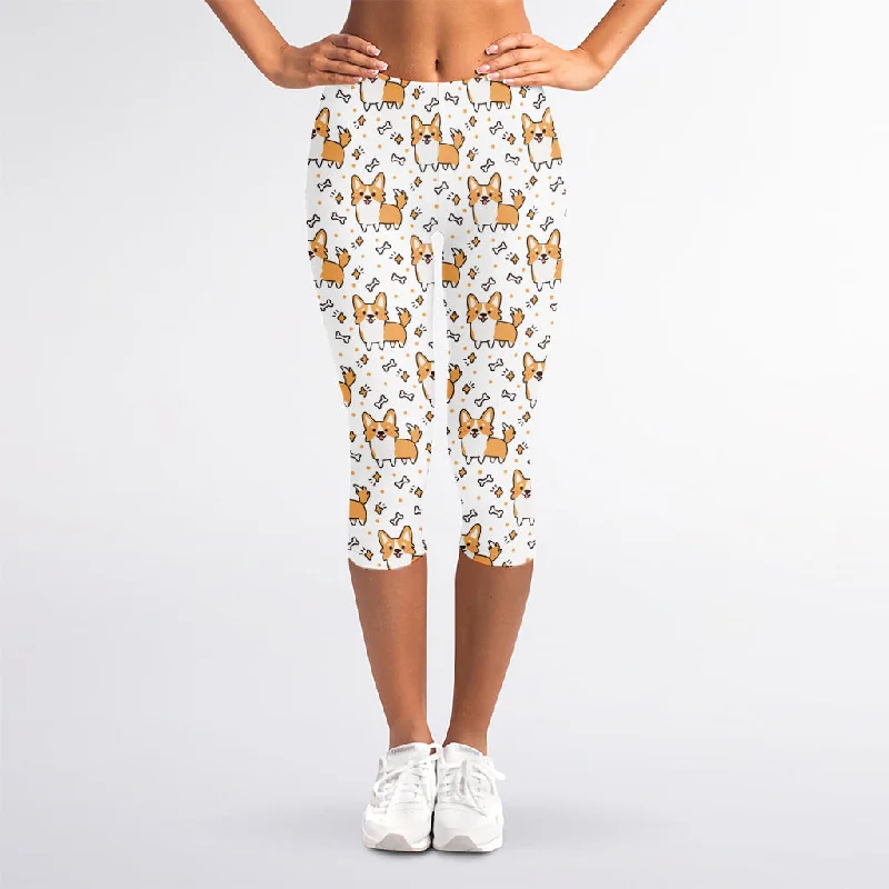 Cartoon Corgi Pattern Print Women's Capri Leggings Stylish Athletic Wear Leggings