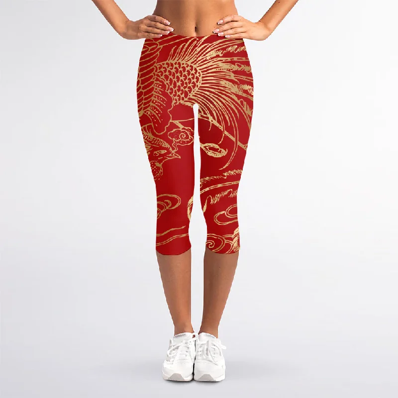 Chinese Phoenix Print Women's Capri Leggings Elegant Full-Body Leggings