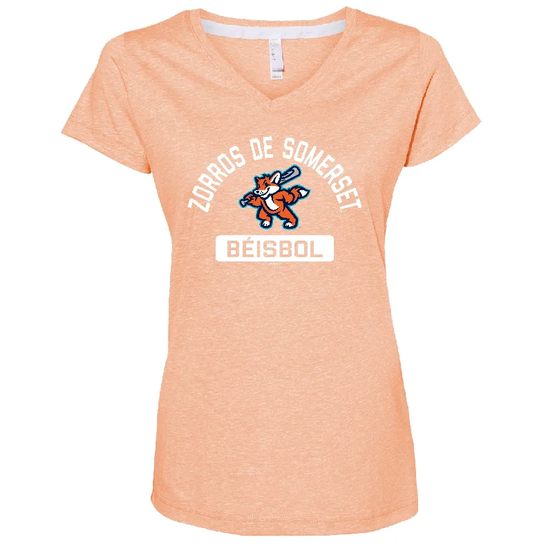 Somerset Patriots Ladies Papaya Melange  Zorros de Somerset Plane Copa V-neck T-shirt Spandex Blend Rayon Blend Denim Blend