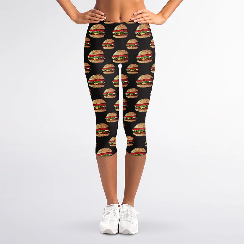Cheeseburger Pattern Print Women's Capri Leggings Fashionable Full-Length Active Leggings