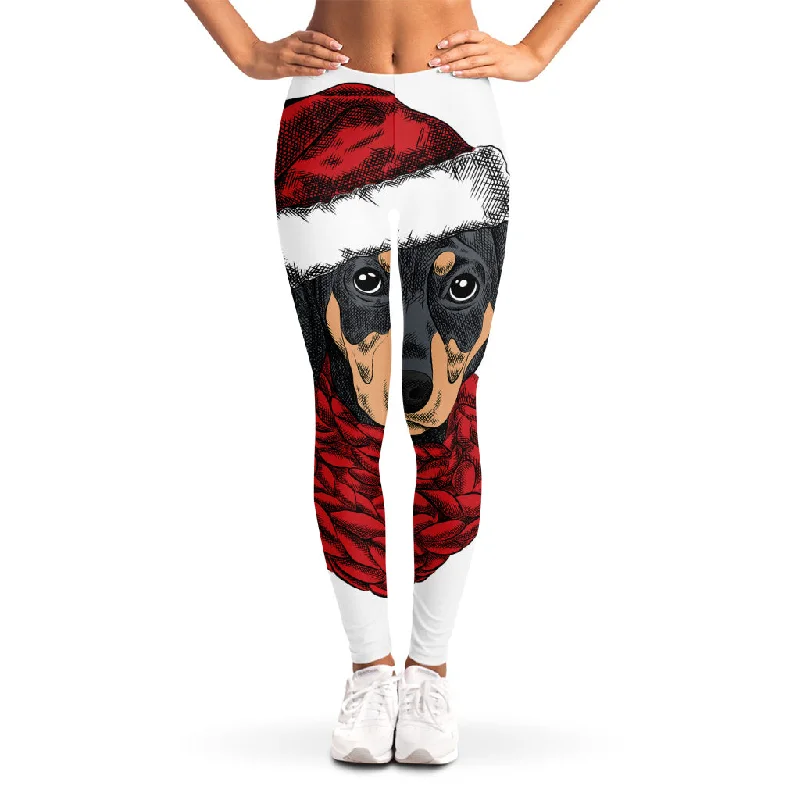 Christmas Santa Dachshund Print Women's Leggings Trendy Foil Finish Leggings