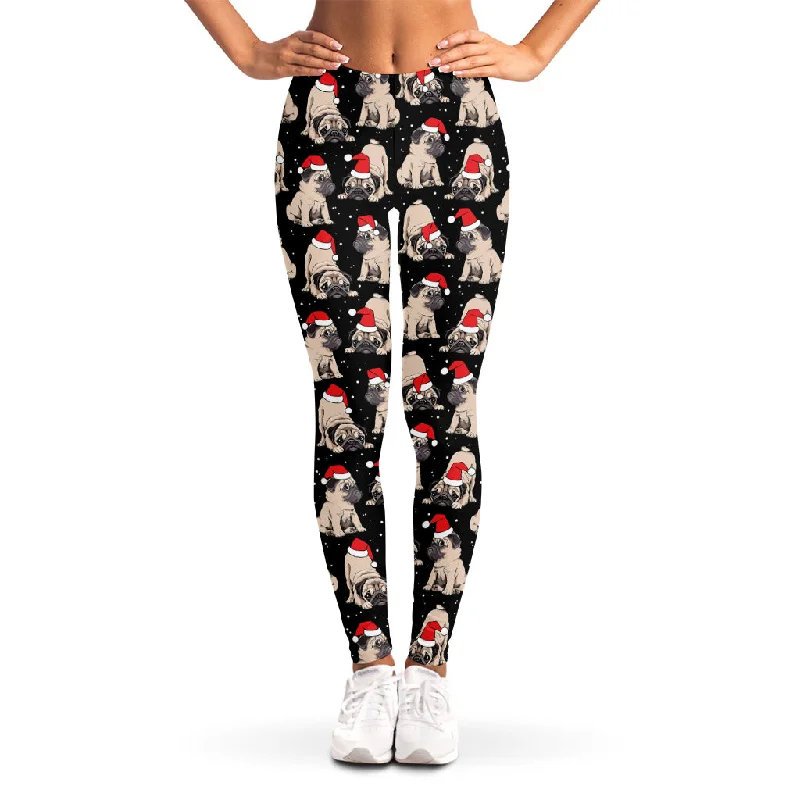 Christmas Santa Pug Pattern Print Women's Leggings Comfortable Capri-Length Leggings