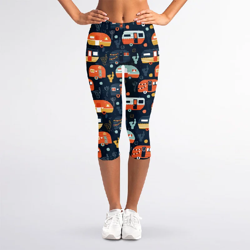 Caravan Camping Pattern Print Women's Capri Leggings Comfortable Athletic Tights