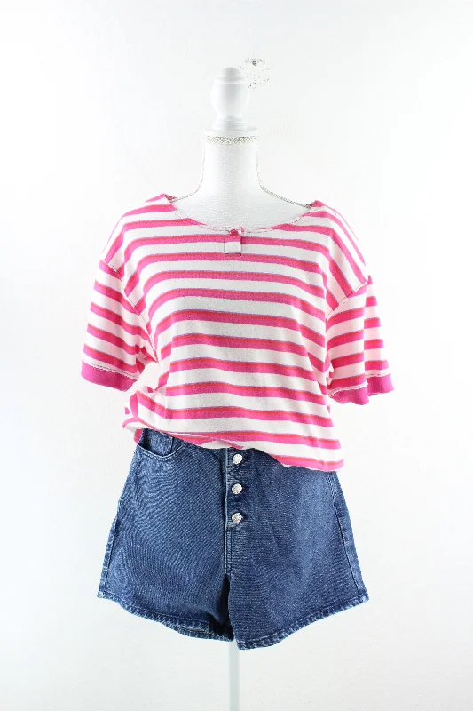 Vintage Pink Striped T-Shirt (L) Graphic Embroidered Appliqued