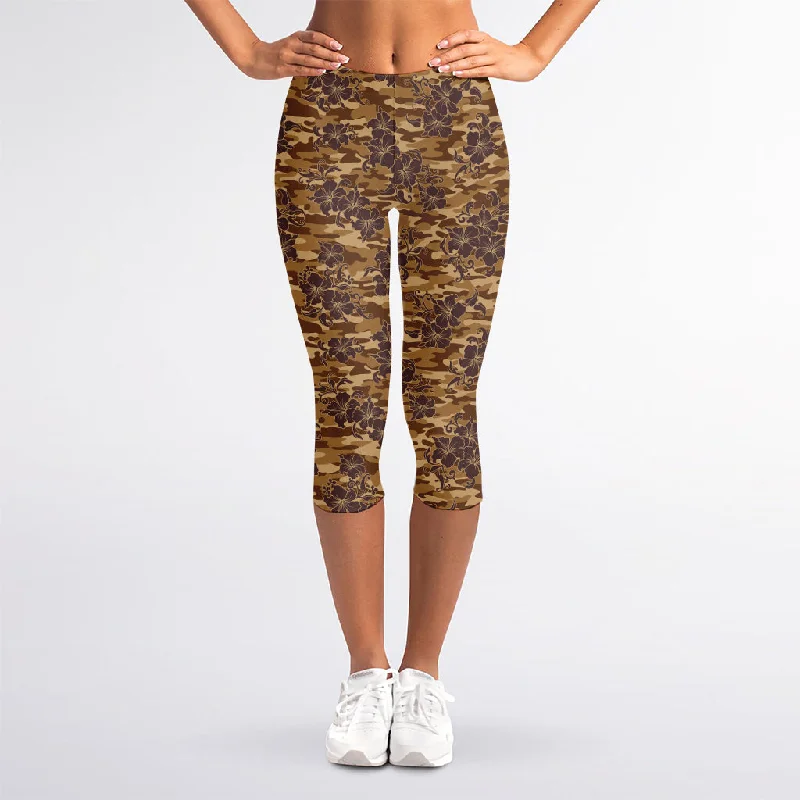 Brown Hawaiian Camo Flower Pattern Print Women's Capri Leggings Stylish Printed Sport Leggings