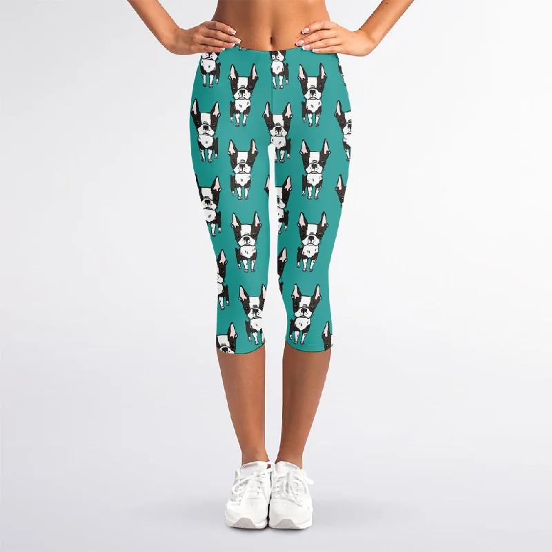 Cartoon Boston Terrier Pattern Print Women's Capri Leggings Cozy Fashion Leggings