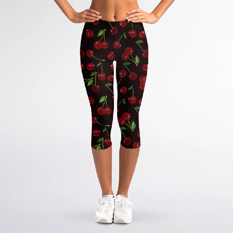 Cherry Fruit Pattern Print Women's Capri Leggings Fashionable Quick-Dry Yoga Pants