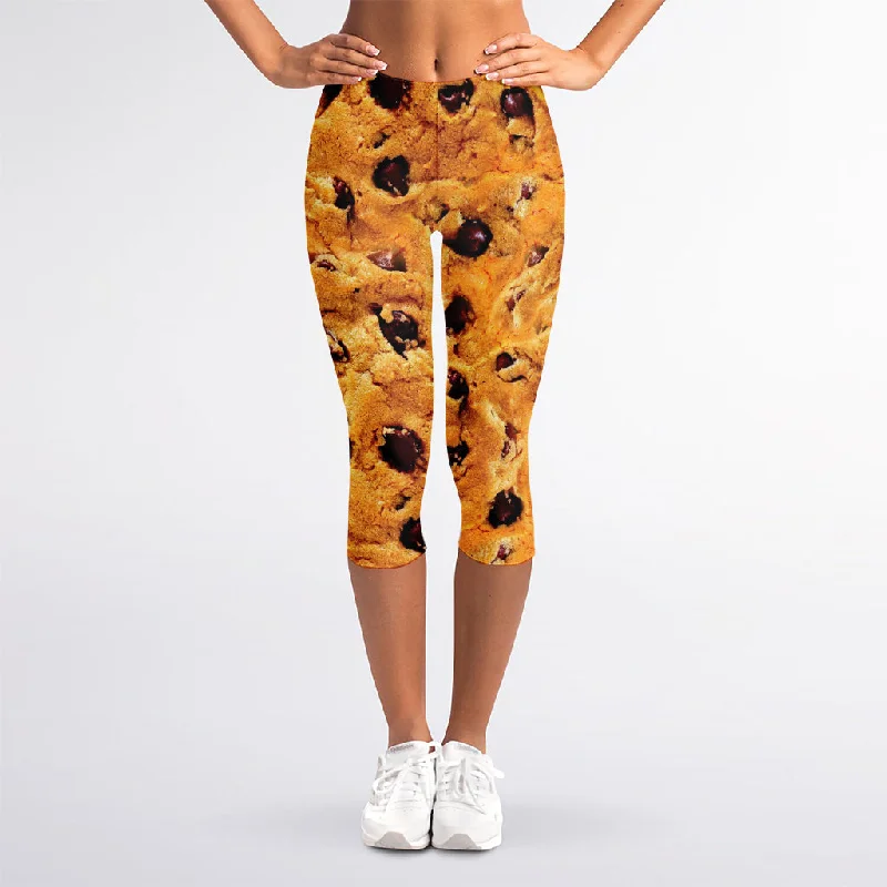 Chocolate Chip Cookie Print Women's Capri Leggings Cozy Reflective Detail Leggings