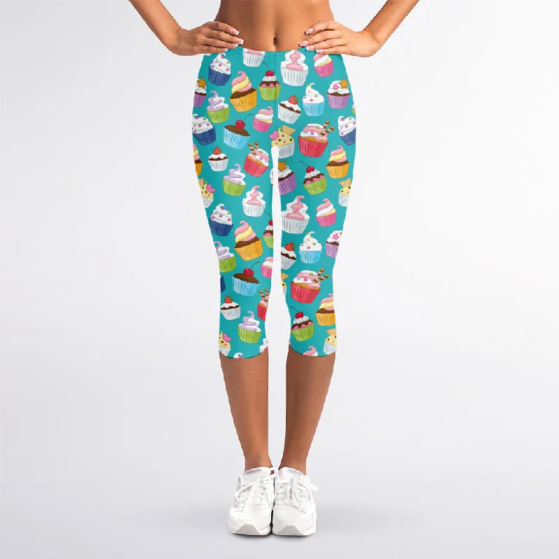 Cartoon Cupcake Pattern Print Women's Capri Leggings Cozy Lounge Pants Leggings
