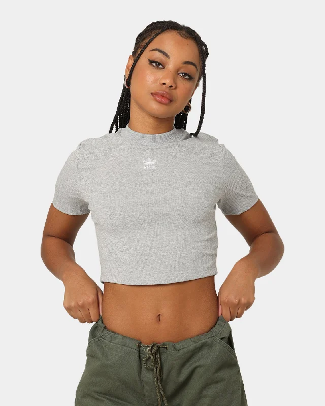 Adidas Women's Adicolour Essentials Rib Cropped T-Shirt Medium Grey Heather Graphic T-Shirt Round Neck Polyester