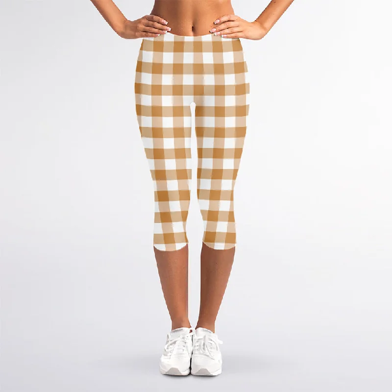 Brown And White Gingham Pattern Print Women's Capri Leggings Trendy Full-Length Leggings