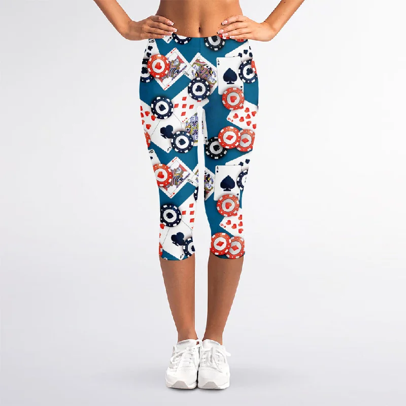 Casino Poker Pattern Print Women's Capri Leggings Fashionable Leather-Look Leggings