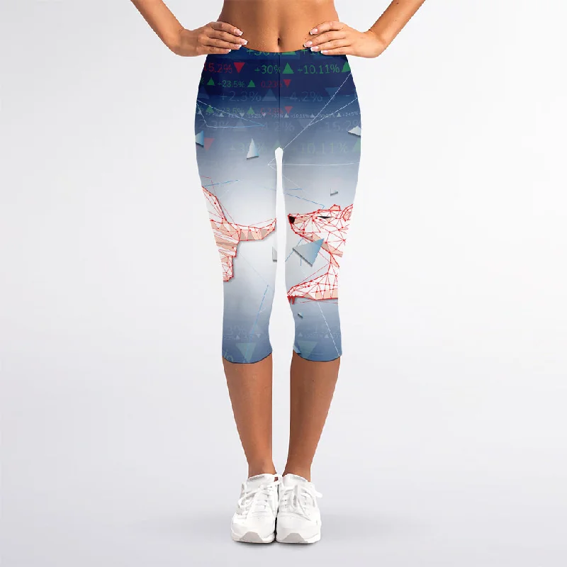 Bull And Bear Stock Market Print Women's Capri Leggings Comfortable Bootcut Workout Leggings