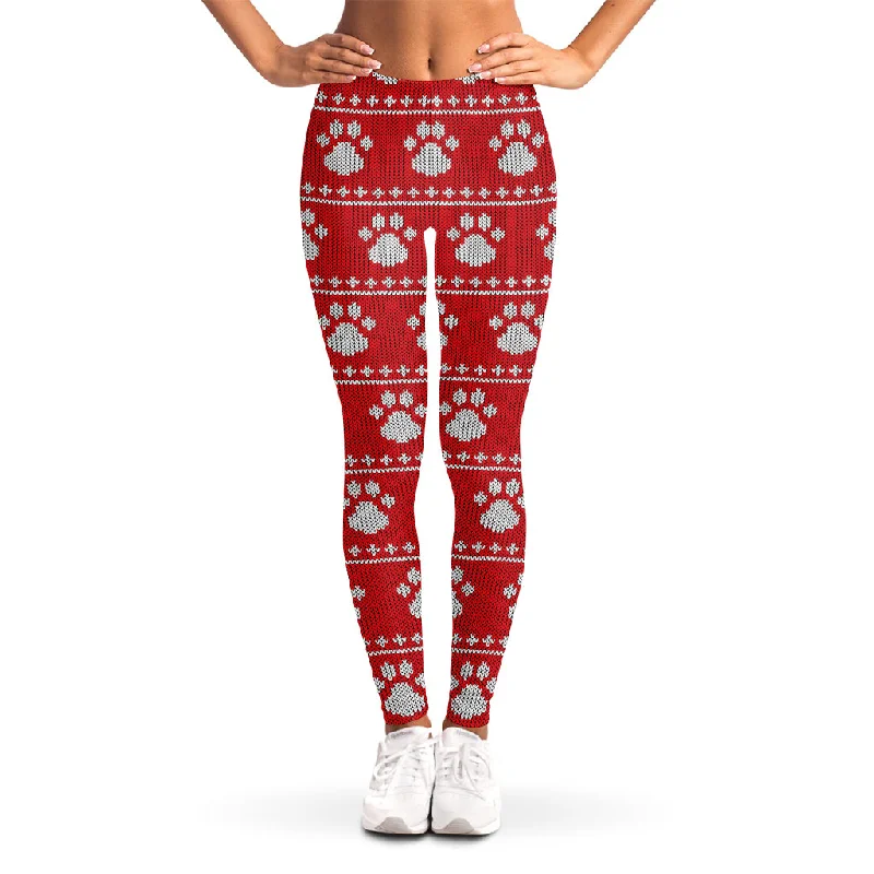 Christmas Paw Knitted Pattern Print Women's Leggings Stylish Stretch Pants Leggings