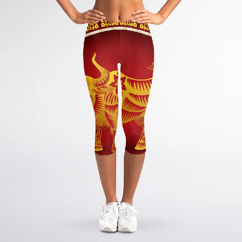 Chinese Ox Zodiac Sign Print Women's Capri Leggings Comfortable Printed Workout Leggings Chinese Ox Zodiac Sign Print Women's Capri Leggings Comfortable Printed Workout Leggings