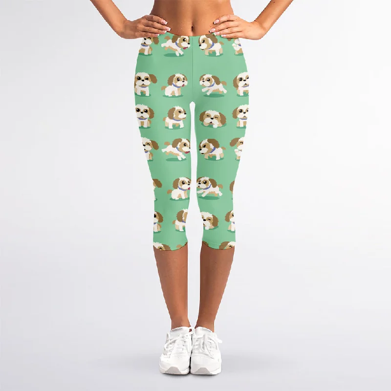 Cartoon Shih Tzu Pattern Print Women's Capri Leggings Fashionable Sports Leggings