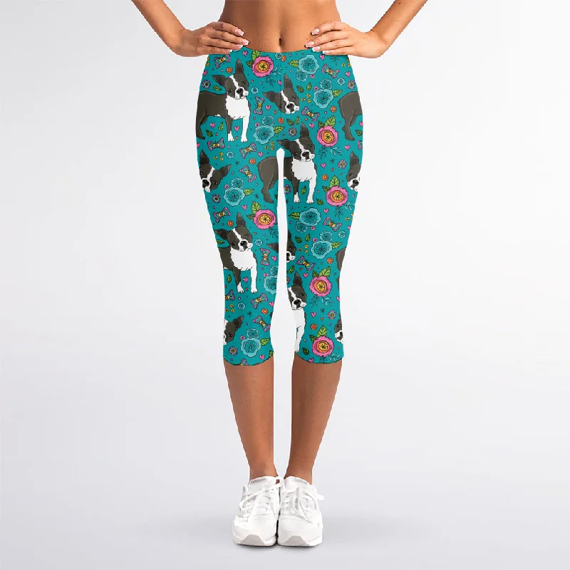 Cartoon Boston Terrier Flower Print Women's Capri Leggings Comfortable Bootcut Workout Leggings