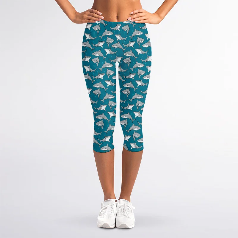 Cartoon White Shark Pattern Print Women's Capri Leggings Trendy Mesh Leggings