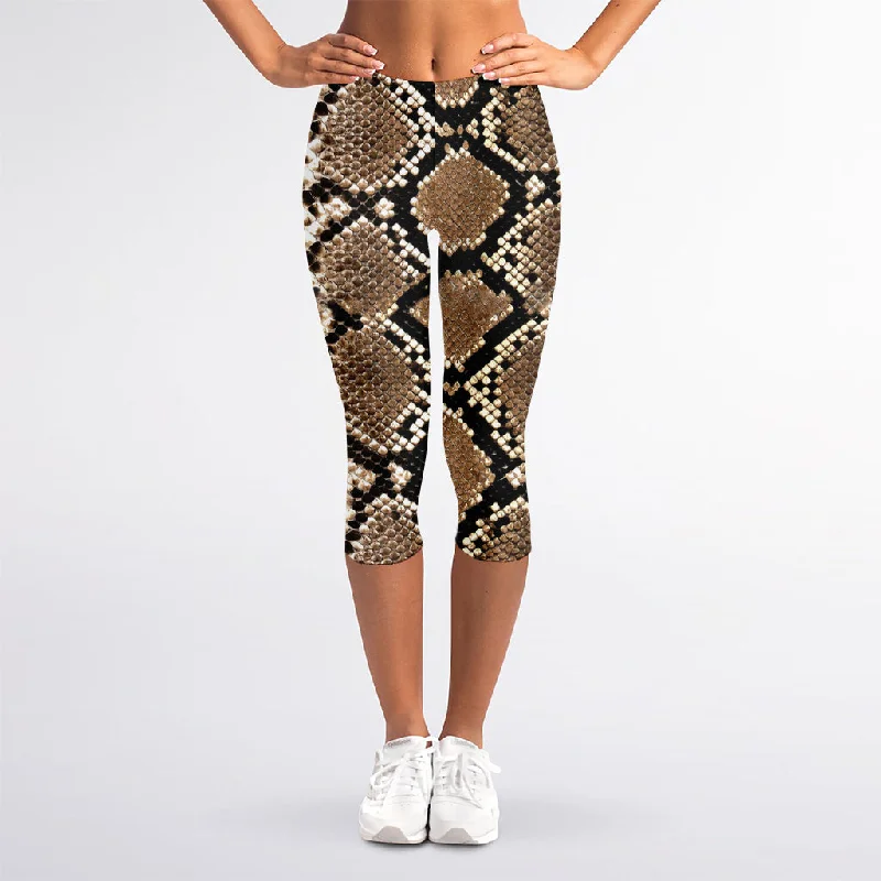 Brown Python Snakeskin Print Women's Capri Leggings Fashionable Quick-Dry Yoga Pants
