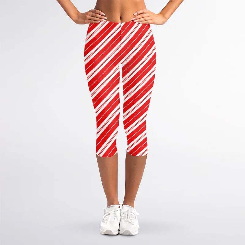 Candy Cane Stripes Pattern Print Women's Capri Leggings Trendy Patterned Leggings
