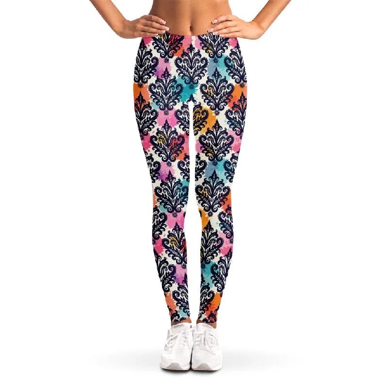 Colorful Damask Pattern Print Women's Leggings Classic Solid Color Leggings