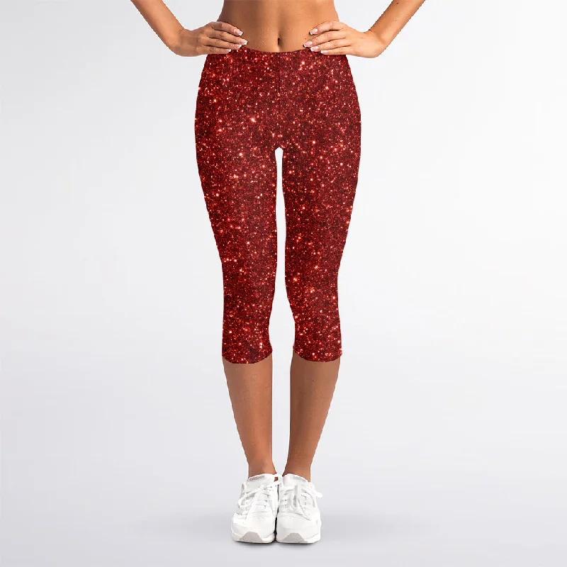 Burgundy (NOT Real) Glitter Print Women's Capri Leggings Trendy Sporty Compression Leggings