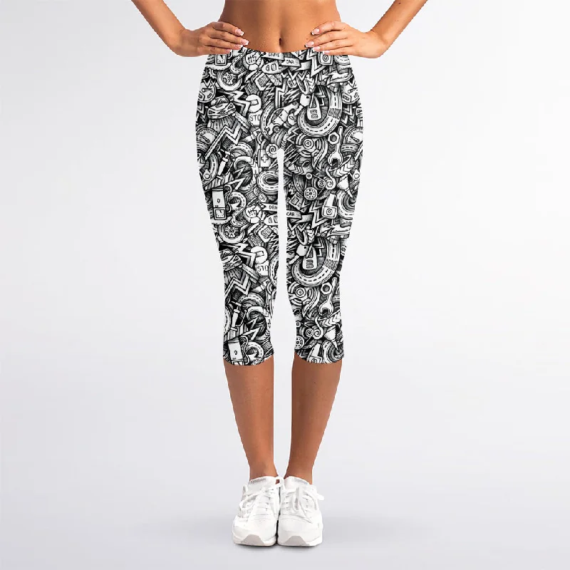 Cartoon Mechanic Pattern Print Women's Capri Leggings Elegant Full-Body Leggings